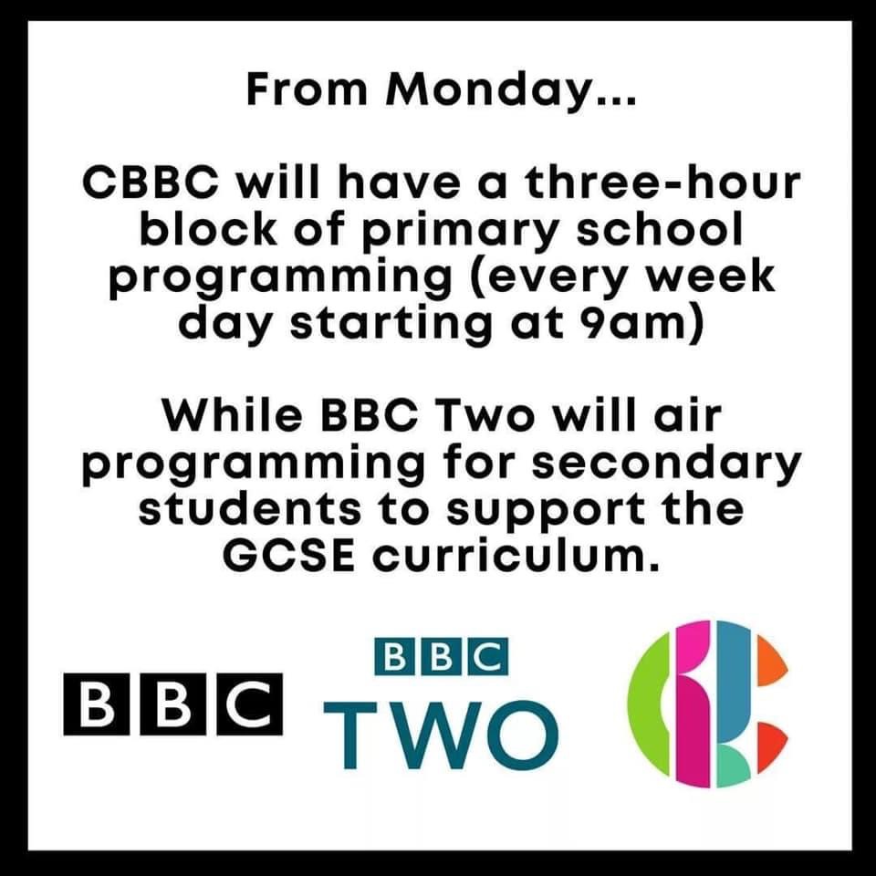 Since the schools have been closed to most children.
The BBC will show curriculum-based programmes on TV from Monday.
They will include three hours of primary school programming every weekday on CBBC, and at least two hours for secondary pupils on BBC Two