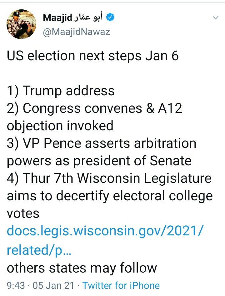 Here is his Jan 5th/6th with with several misunderstandings of ways in which the objections could block Biden's election. (I have no idea what "Trump acts unilaterally" in response to Pence's accurate rebuttal of the claim he had powers to veto even meant)