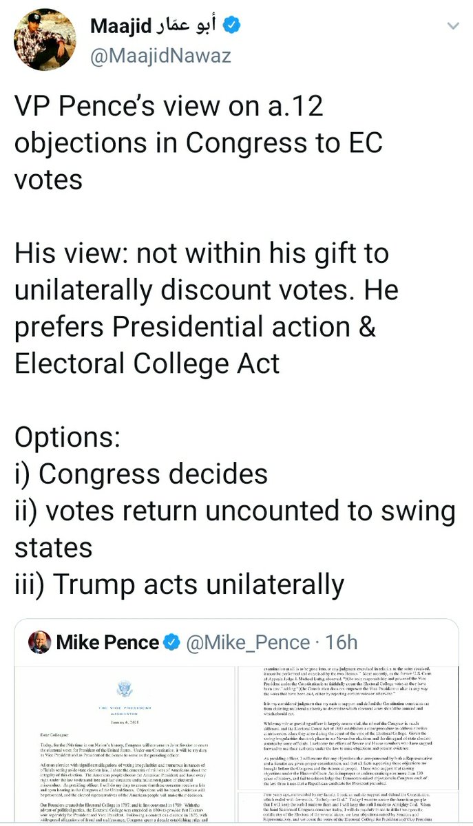 Here is his Jan 5th/6th with with several misunderstandings of ways in which the objections could block Biden's election. (I have no idea what "Trump acts unilaterally" in response to Pence's accurate rebuttal of the claim he had powers to veto even meant)