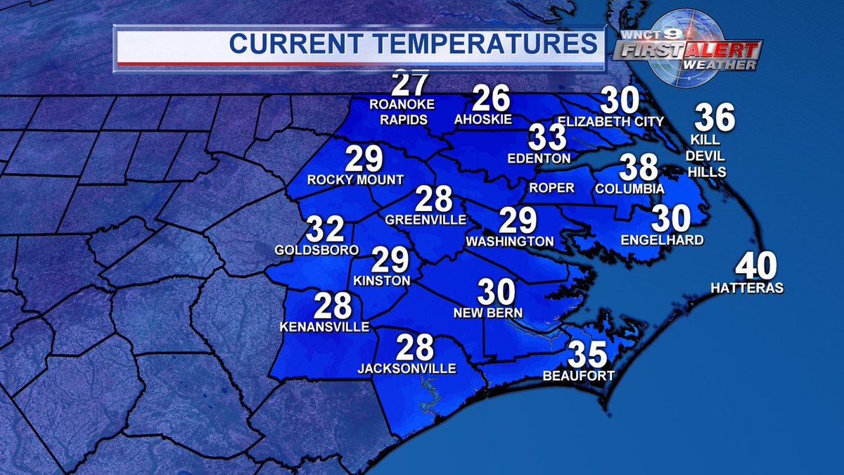 wnct9's tweet photo. VERY COLD MORNING
Temps are frigid to start the day with many of us in the 20s to low 30s inland. 30s to low 40s are a bit more common along the coast. Nonetheless, be sure to bundle up before heading off to school and work. Stay cozy and grab that hot cup of joe.

#firstalert9 https://t.co/M2Pfj5FtUr