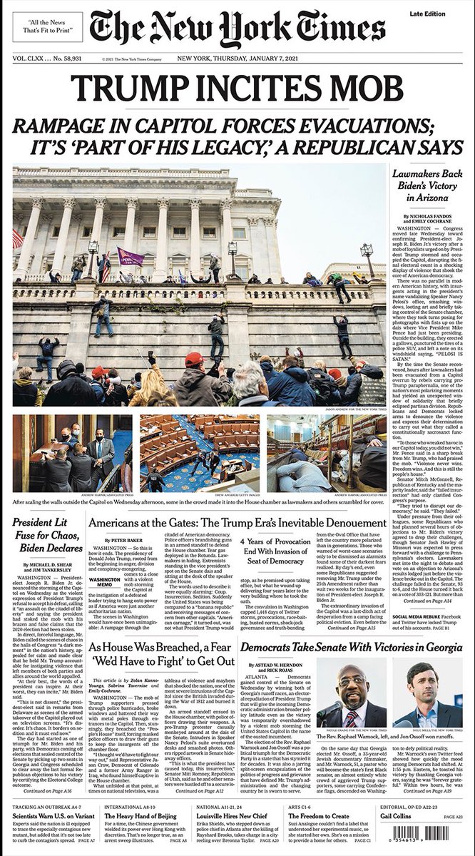 ahamitbilici's tweet image. TRUMP INCITES MOB
4 years of provocations end with invasion of seat of democracy.

(First page of New York Times) #capitollockdown #washingtonprotest