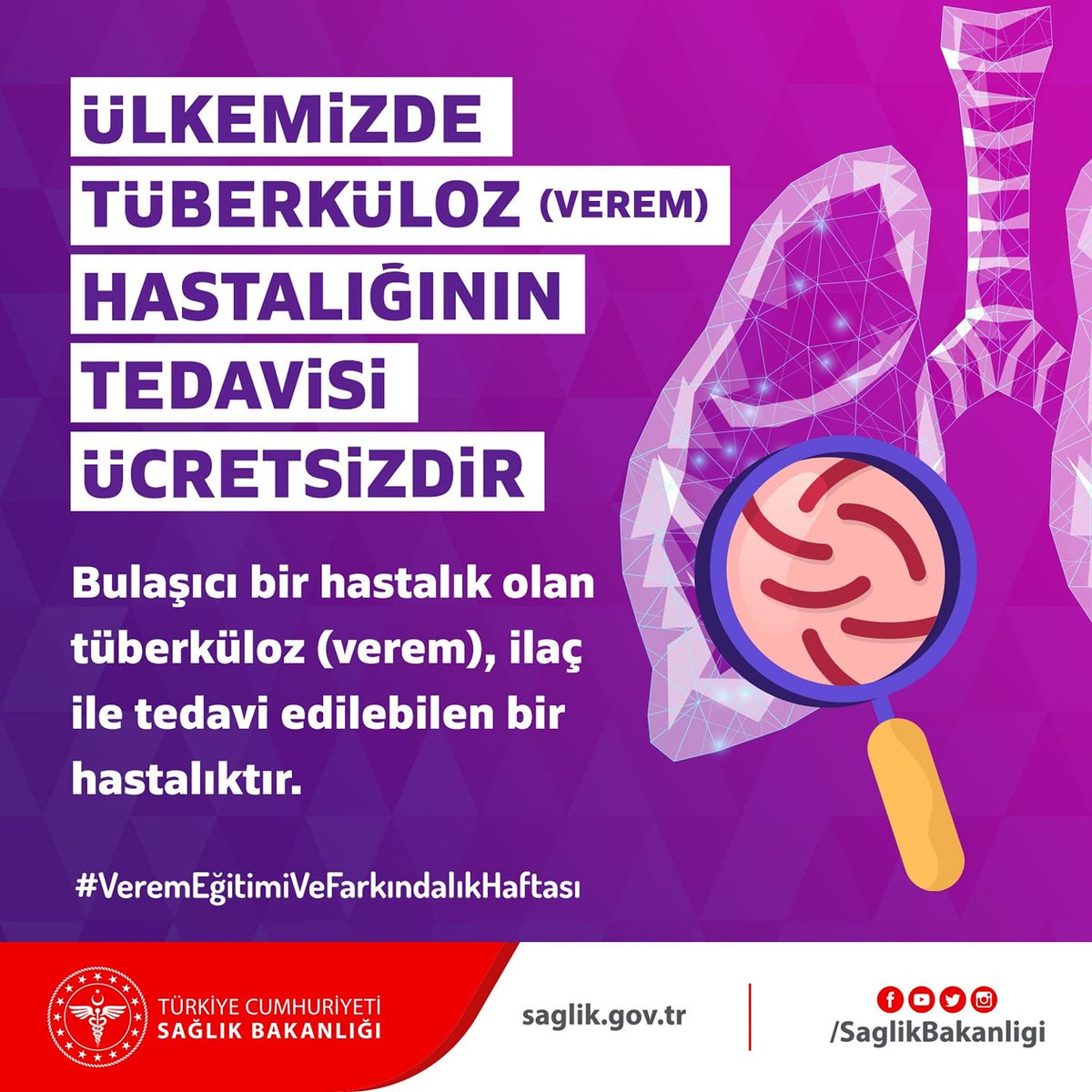 İki haftadan uzun süren öksürük ve ateş, gece terlemesi, kilo kaybı, iştahsızlık, halsizlik gibi şikâyetleriniz varsa en kısa zamanda en yakın sağlık kuruluşuna başvurun.
#VeremEğitimiVeFarkındalıkHaftası