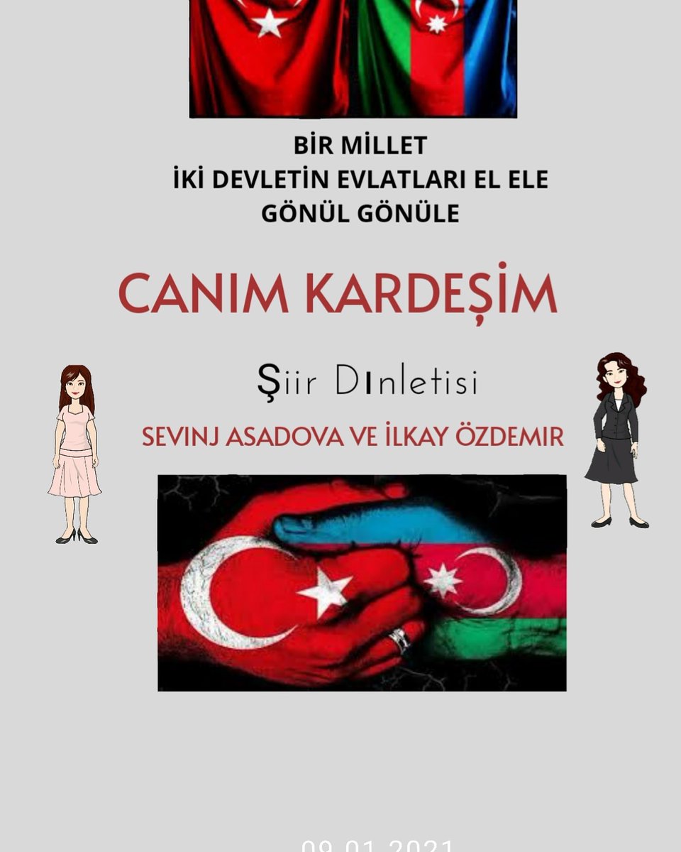 Necmi Şahin İlkokulu 1/C sınıfı ögrencileri ile Sumqayıt 25 nolu mektep öğrencileri ortak şiir dinletisi hazırladılar."Canım Kardeşim" şiir dinletisi Cumartesi günü saat 20.00'de etwinning farkıyla
<a href="/ziyaselcuk/">Ziya Selçuk</a> <a href="/MemAnkara/">Ankara İl Millî Eğitim Müdürlüğü</a> <a href="/MemYenimahalle/">Yenimahalle Mem</a> <a href="/tretwinning/">eTwinning Türkiye</a> <a href="/eTwinningDestek/">eTwinning Projects Dissemination</a> <a href="/mfatihdoger/">Mehmet Fatih Döğer</a>