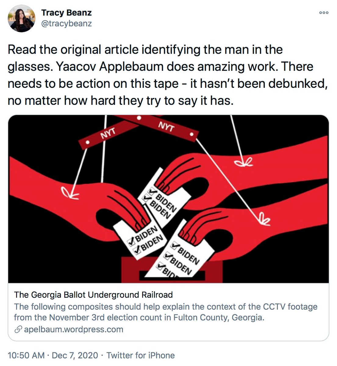here's a prominent right winger with more than half a million followers sharing Yaacov Apelbaum's post last month that claims something fishy happened in Georgia to steal the election from Trump (he uses XRVision's "technology" and brand name to make his case btw)