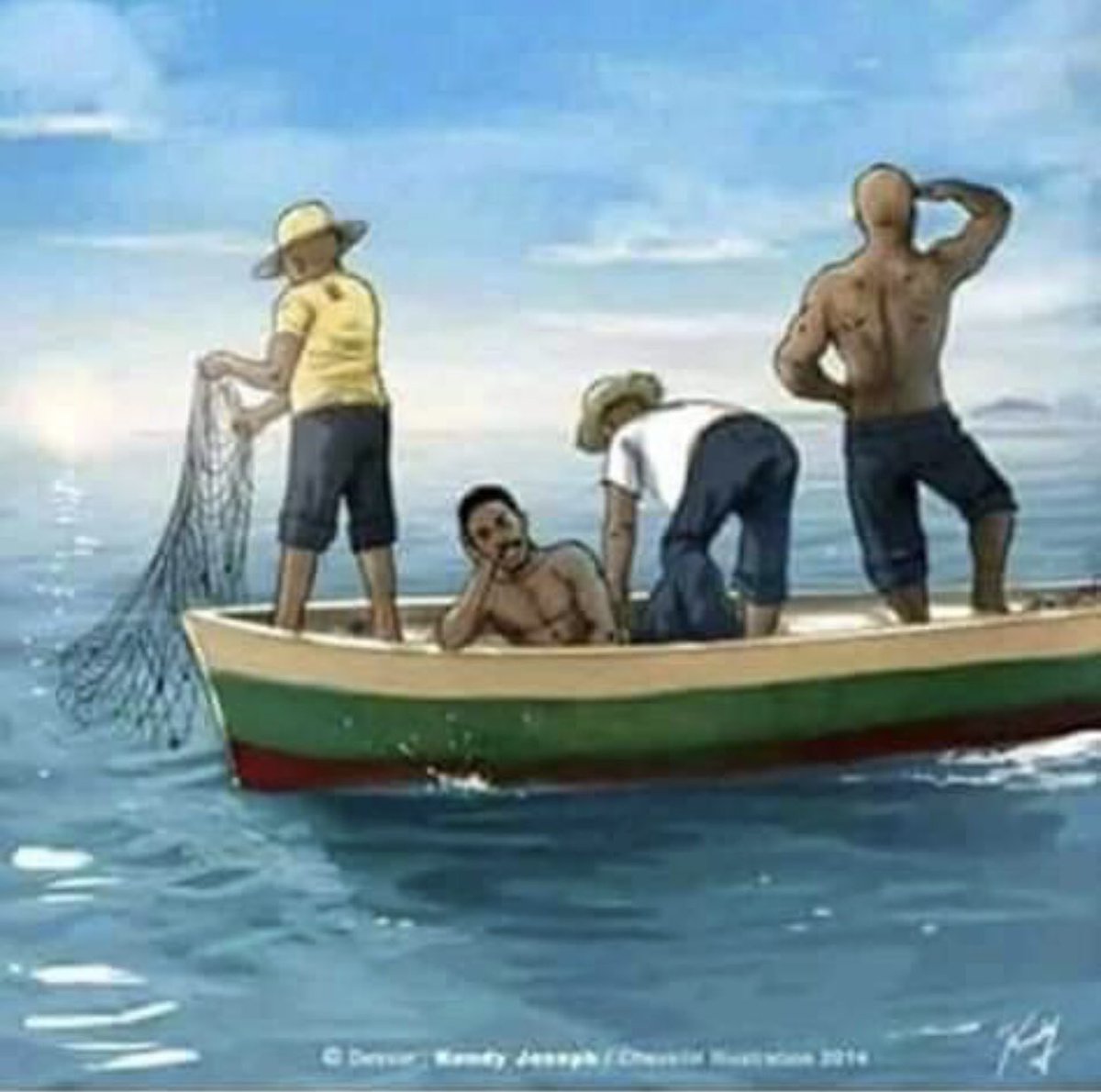 A group of African fishermen were on their boat fishing .Then they sighted a hot and beautiful lady laying on a board stranded,floating away.A thread