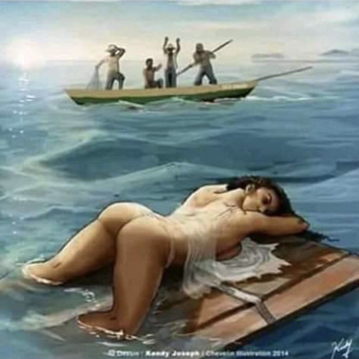 A group of African fishermen were on their boat fishing .Then they sighted a hot and beautiful lady laying on a board stranded,floating away.A thread
