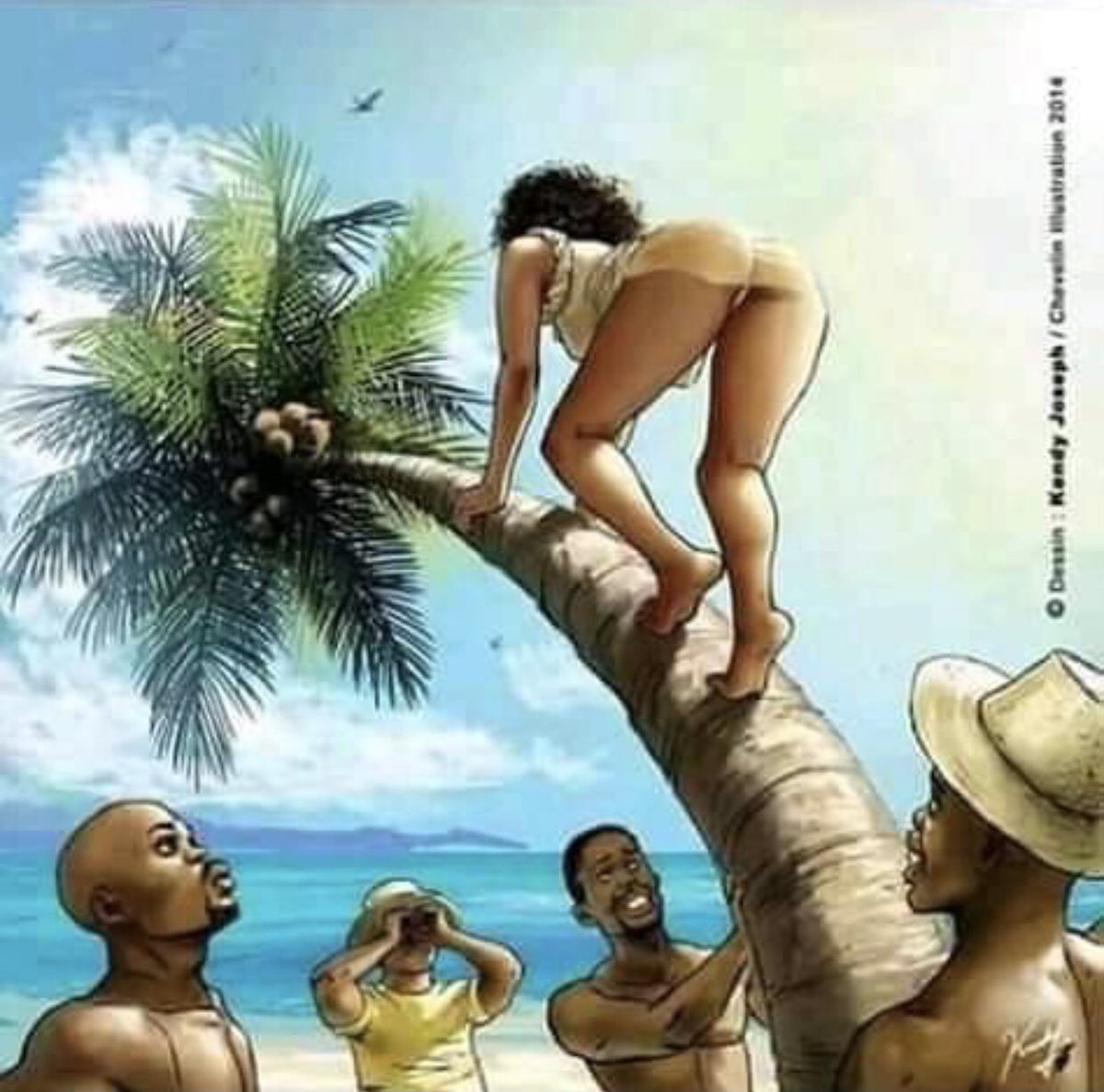 She then fixed her skimpy dress properly and climbed a coconut tree as the guys marvel at her beauty and climbing skills.