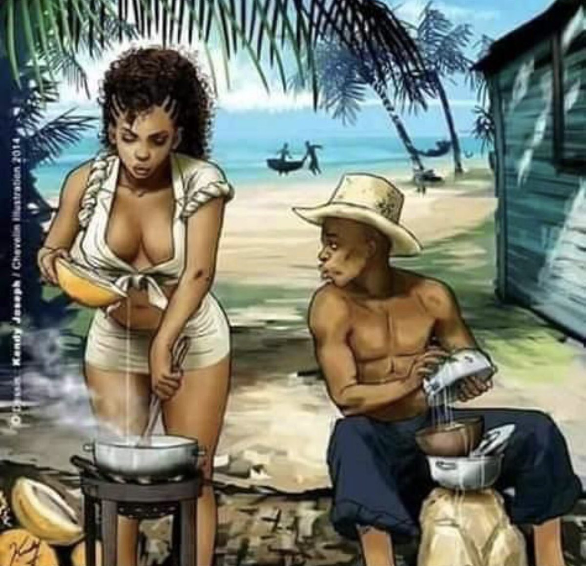 The hot and beautiful lady started preparing meal with the coconut milk even as one of the fishermen salivate peeping at her beautiful boobs