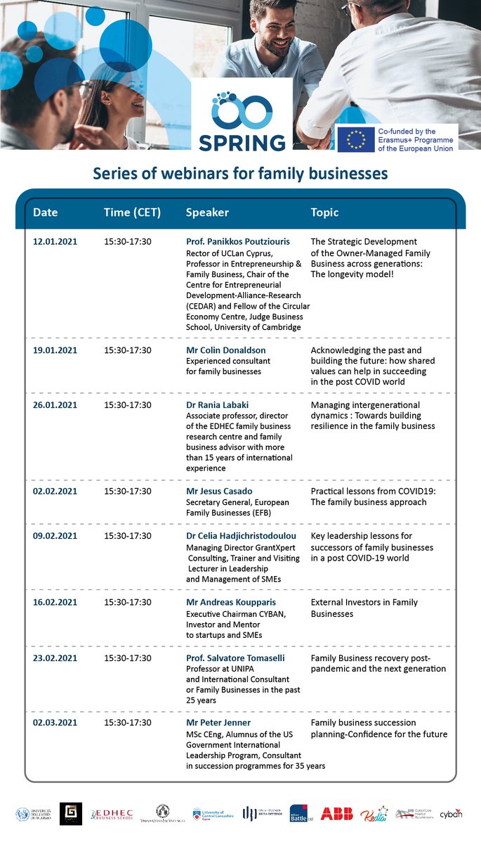 EUSPRINGProject's tweet image. Don&apos;t miss your chance to sign up for the FREE 
@EUSPRINGProject training webinars for #familybusiness owners and members. Find the speakers on the leaflet below⬇️ euspring.eu/webinars