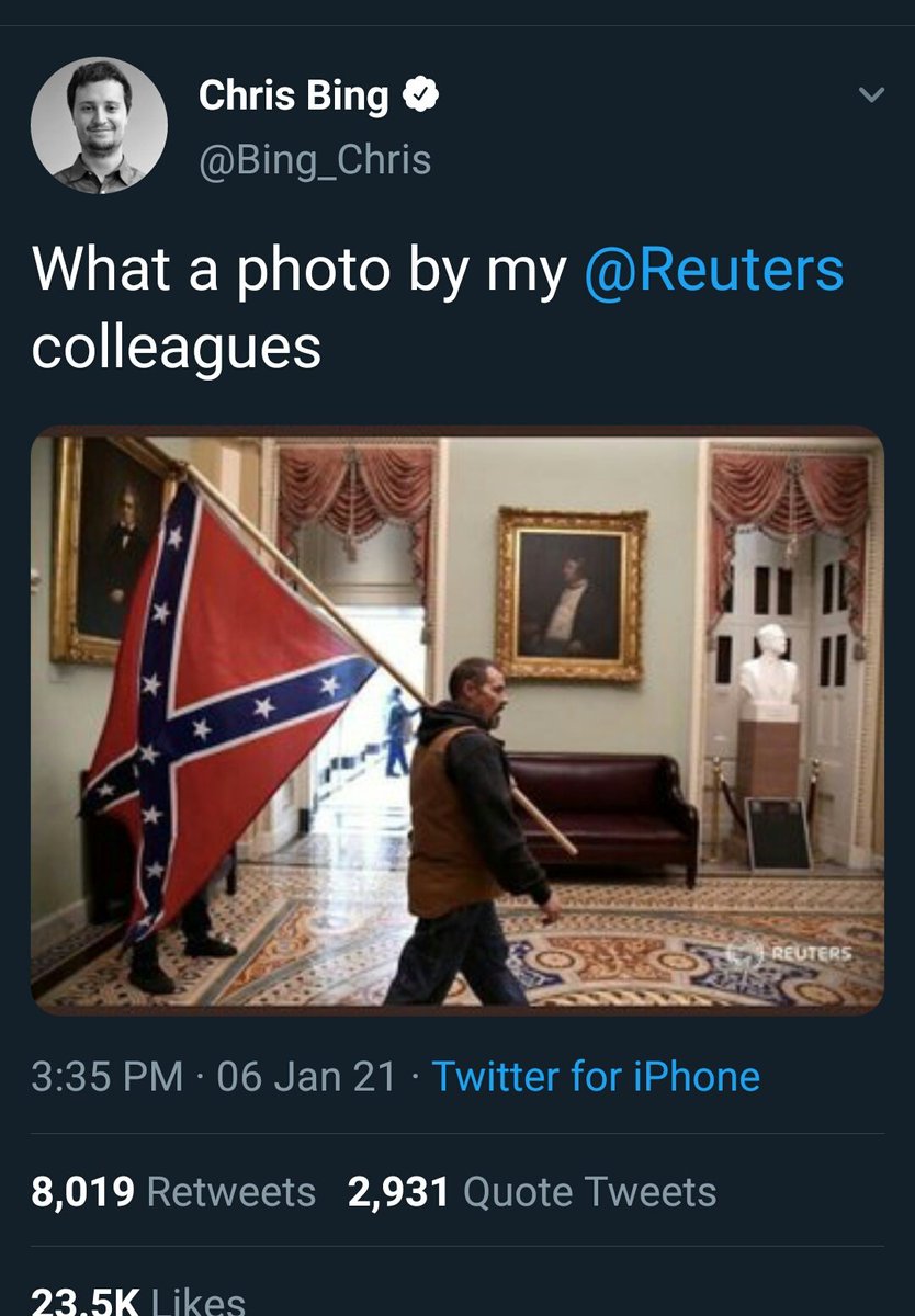 10. Chris Bing with Reuters, post his favorite photo of the day by his colleagues. The first comment claims it should win a prize. Reuters goes on to write about how Trump can be removed from Office.