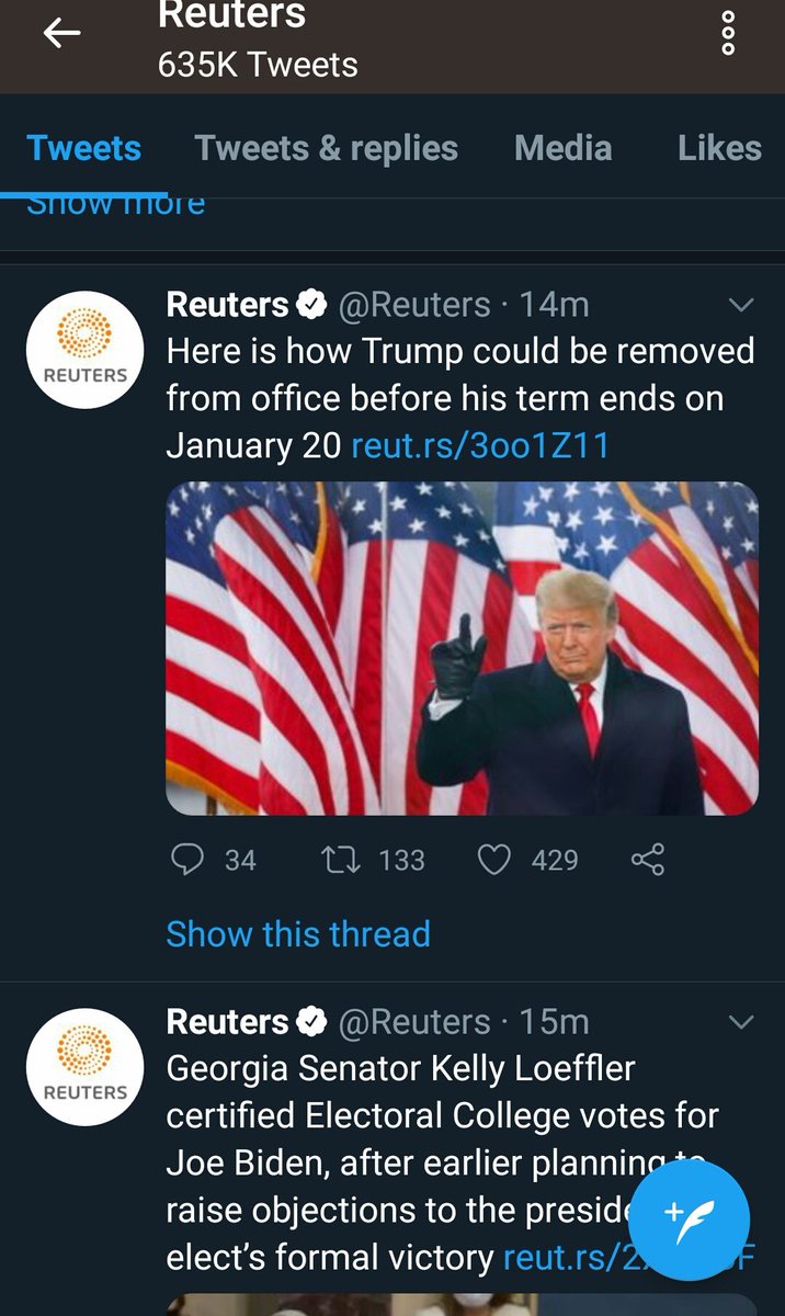 10. Chris Bing with Reuters, post his favorite photo of the day by his colleagues. The first comment claims it should win a prize. Reuters goes on to write about how Trump can be removed from Office.