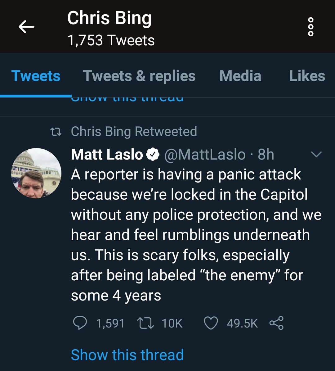 12. Chris also RTsa post about another reporter having a panic attack. Matt Laslo posted that tweet. I found the part about having NO poliice interesting and wanted see more on Laslo.