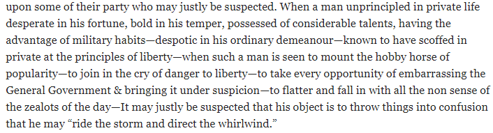 DavidAFrench's tweet photo. In 1792 Alexander Hamilton warned against the kind of man who could destroy a Republic. With the exception of the "military habits" who does this describe? Impeach Trump. Now. https://t.co/isG3UY2jGL