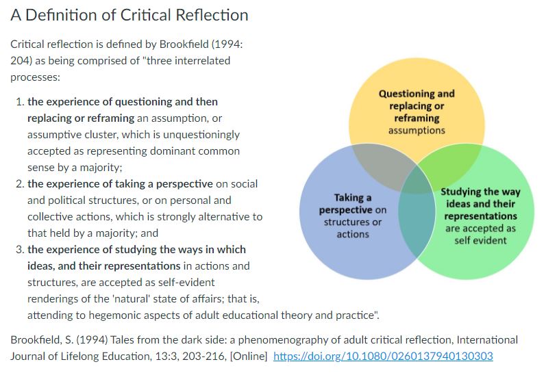 Critical reflection is defined by Brookfield (1994: 204) as being comprised of three interrelated processes1. Questioning2. Perspective3. Way ideas and representations are accepted