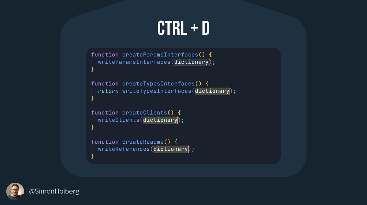 Multiple SelectionsIf you highlight a word and then press ctrl + D, VSCode will search and highlight matching words.Press ctrl + D multiple times to make multiple selections.Each matching will result in multiple cursors, just like in the example above.