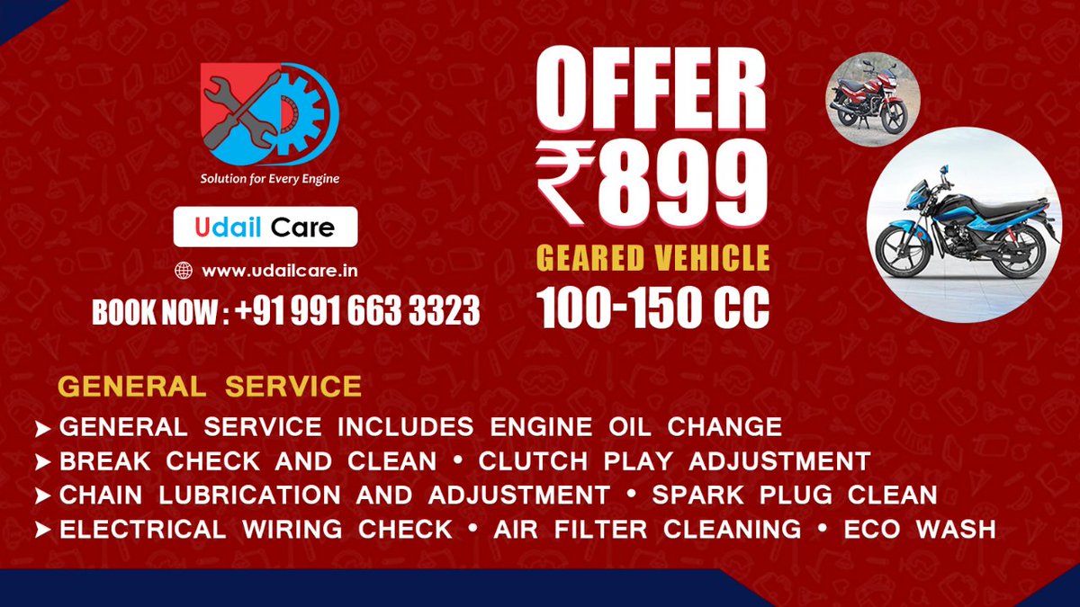 udailcare's tweet photo. Get your Bike Serviced from Udailcare At Just 899 Rupees For All 100-150CC Geared Bikes!
Avail the offer! Get All The Convenience And Benefits By Booking Bike service with us. https://t.co/wiNxKSowPK
Call Us-9916633323
#udail #udailcare #bangalore #Bike #bikeservices #marketing https://t.co/bYEYMcNA1A