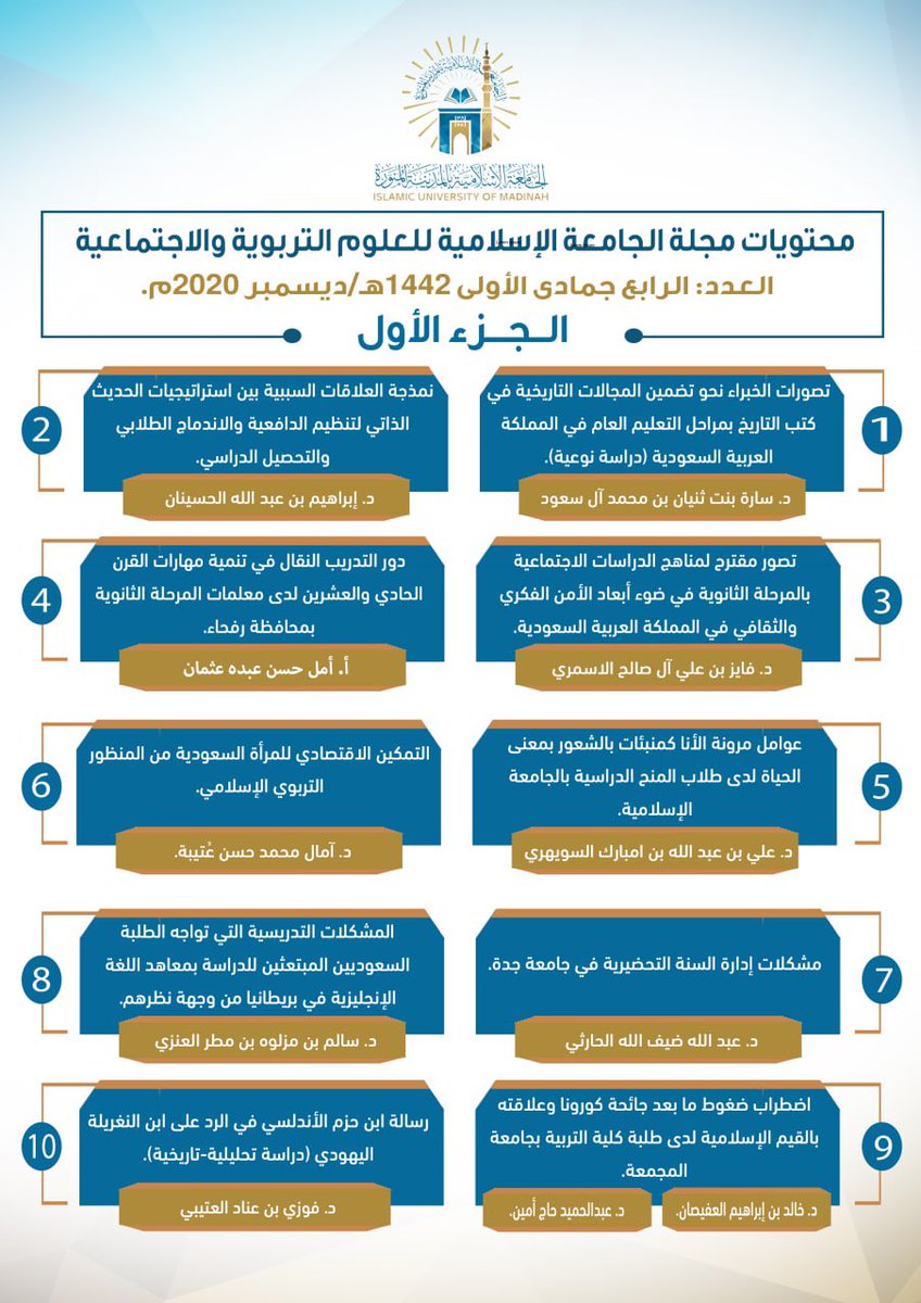 الجامعة الإسلامية (@iu_edu) on Twitter photo خبر 📃
صدر حديثاً العدد الرابع من مجلة #الجامعة_الإسلامية للعلوم التربوية والاجتماعية، ويقع هذا العدد في جزئين ويضم (20) بحثا.
<a href="/iujournal4/">مجلة العلوم التربوية والاجتماعية</a>
للاطلاع على أبحاث العدد عبر الرابط:
journals.iu.edu.sa/ESS/Main/Downl… خبر 📃
صدر حديثاً العدد الرابع من مجلة #الجامعة_الإسلامية للعلوم التربوية والاجتماعية، ويقع هذا العدد في جزئين ويضم (20) بحثا.
<a href="/iujournal4/">مجلة العلوم التربوية والاجتماعية</a>
للاطلاع على أبحاث العدد عبر الرابط:
journals.iu.edu.sa/ESS/Main/Downl…