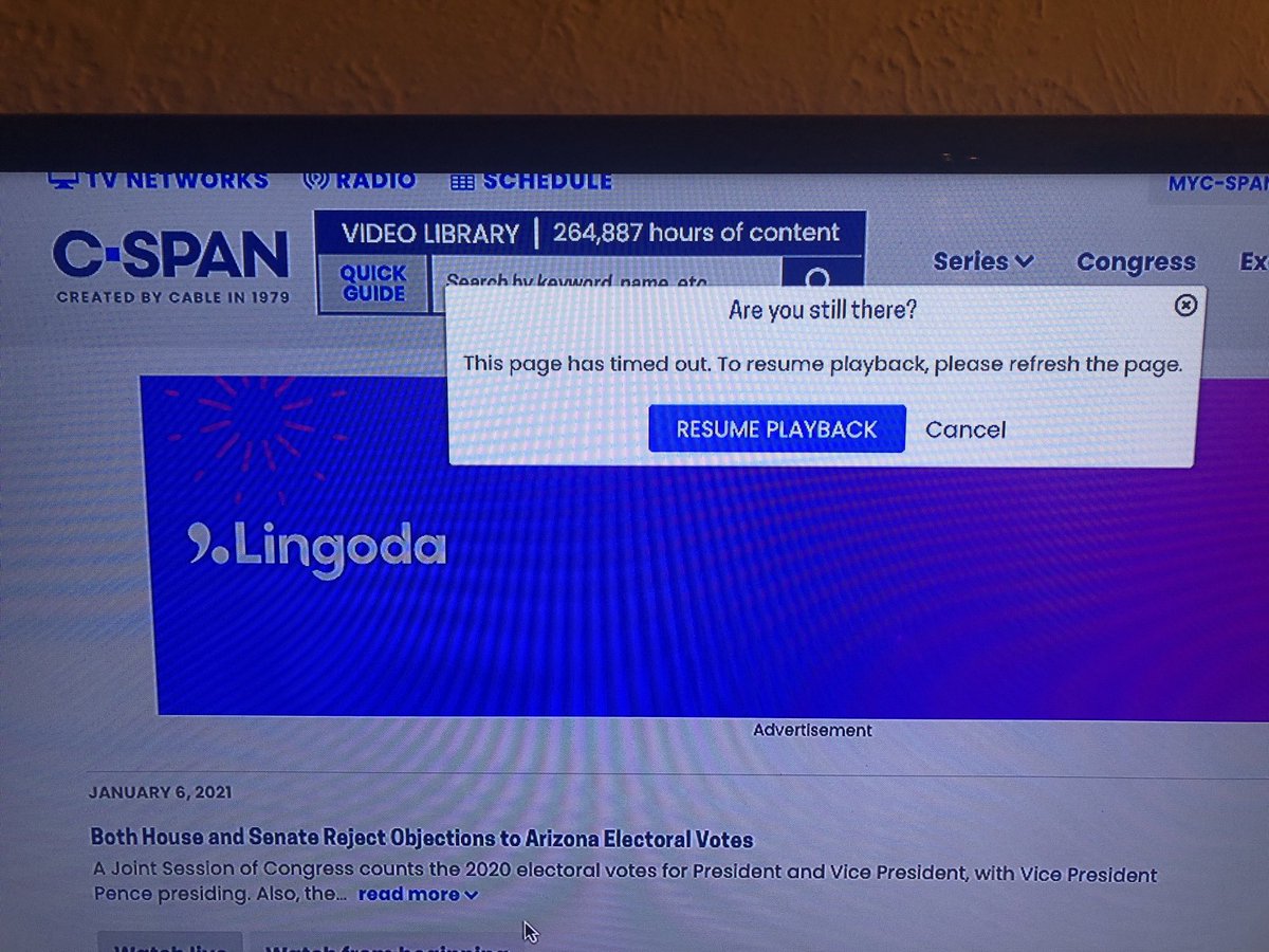 C-SPAN just gave me a Netflix-ish “are you still there?” pop up and I am DYING. Yes I’m still here, maybe give the pop up to the Congressional republican assholes challenging the electoral votes.