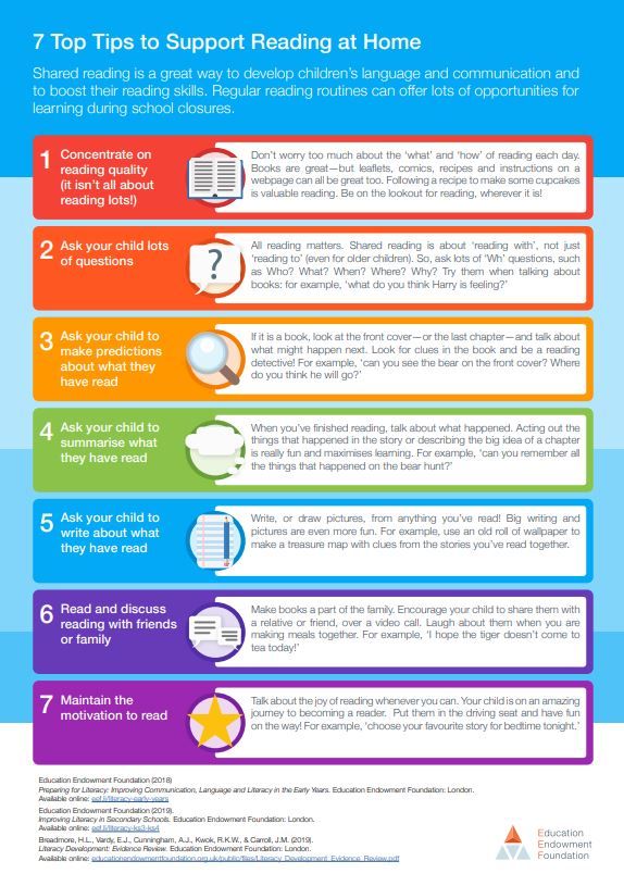 Regular reading routines can offer lots of opportunities for learning during school closures

Our '7 Top Tips to Support Reading at Home' resource is designed to be shared with families to support them in developing their child's reading skills 

Download: bit.ly/3bcp3Mr