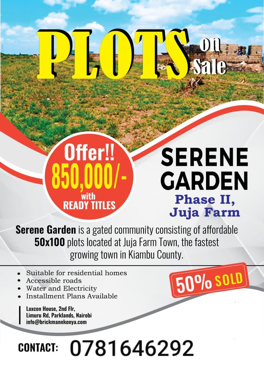 Purieshi's tweet photo. Is buying a plot your plan in 2012?
Why not invest in a plot in Juja farm and start the year by fulfilling that dream! 
Aprox 13km from thika SuperHighway Size: 50 ×100 
CashPrice 850,000 
3 months 900K
6 months 950K
Call/text or WhatsApp 0781646292
Kikuyus and kalenjins
Mwaura https://t.co/8vYmeqWmFr