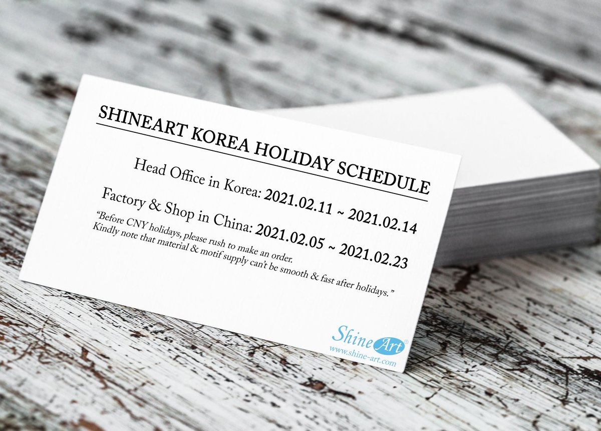 shineartmall's tweet photo. New year's holiday will be soon😄
Pls check our holiday schedule~!
•KOREA OFFICE:  2021.02.11 ~ 2021.02.14
•CHINA FACTORY &amp; SHOP:  2021.02.05 ~ 2021.02.23
#shineart, #shineartkorea, #CNY, #holidays, #CNYholiday, #pellosa, #schedule, #order https://t.co/LEJyXQhqYt