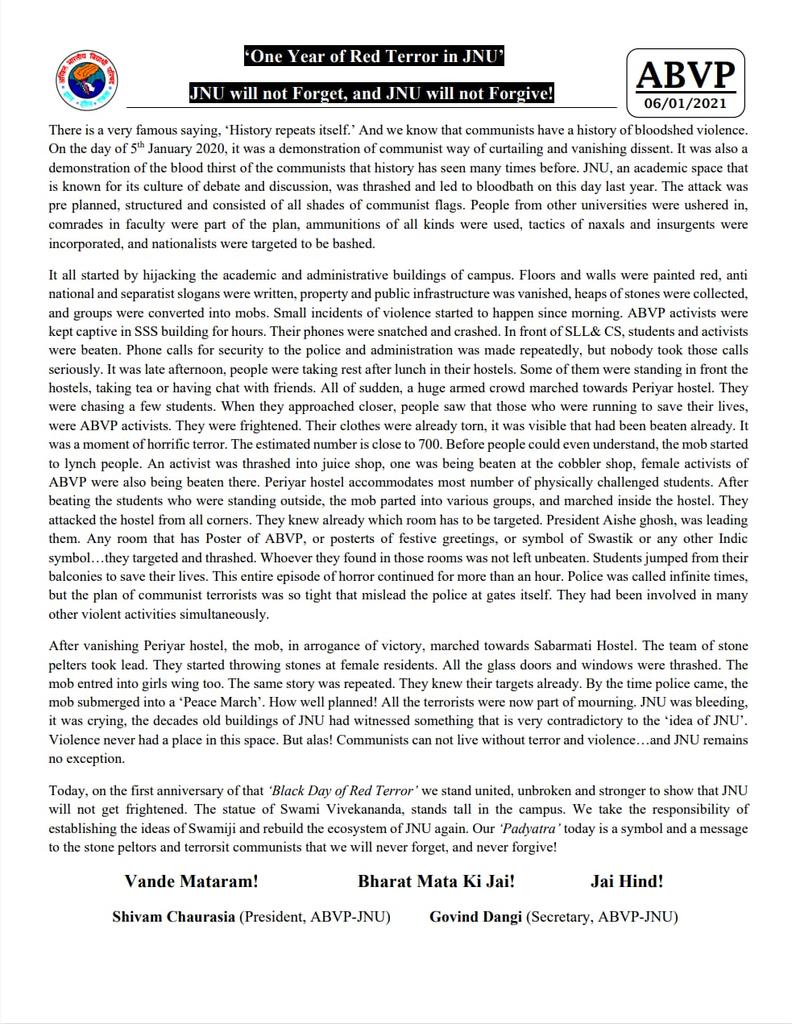 abvpjnu's tweet photo. Read #ABVP #JNU's parcha on ‘One Year of Red Terror in JNU'
JNU will not Forget, and JNU will not Forgive!
#CondemnRedTerror https://t.co/VCYabq4qPW