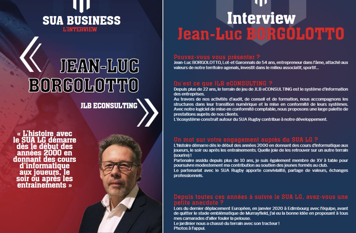 ControlFec's tweet image. Découvrez l’interview de Jean-Luc Borgolotto fondateur de Control Fec (marque de JLB e-consulting) et partenaire du SU Agen club de Top 14.

Lire le magazine : fr.zone-secure.net/188249/1283082…

#sua #agen #controlfec