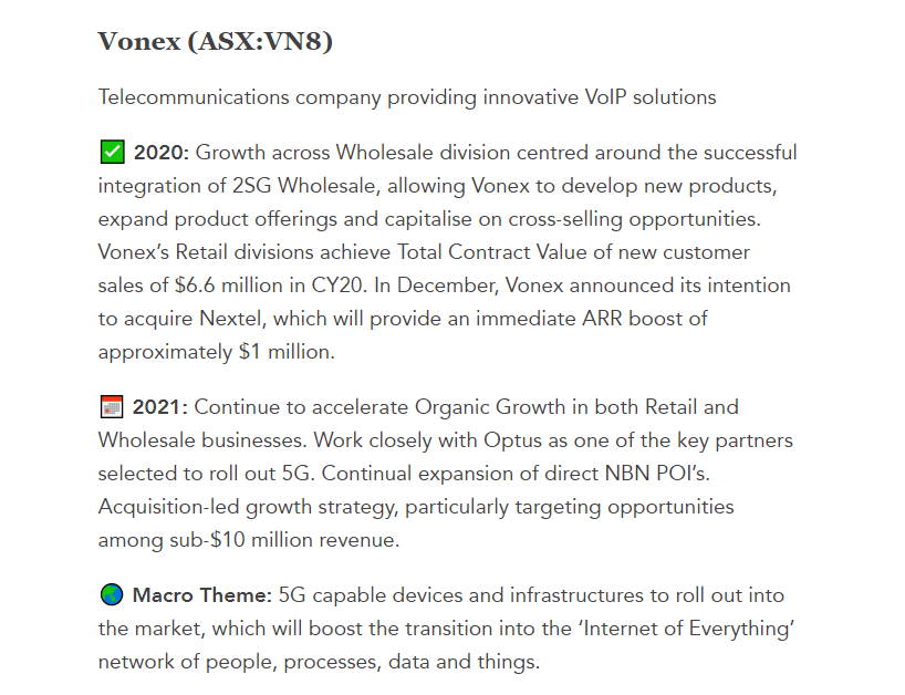 TimDohrmann's tweet photo. Among the 2021 stock picks from Next Small Cap is @VonexLtd $VN8 - @nexttechstock expects big things of this emerging #telco growth company. #Vonex
https://t.co/zkTingaMgh https://t.co/kgmCnQXrfU