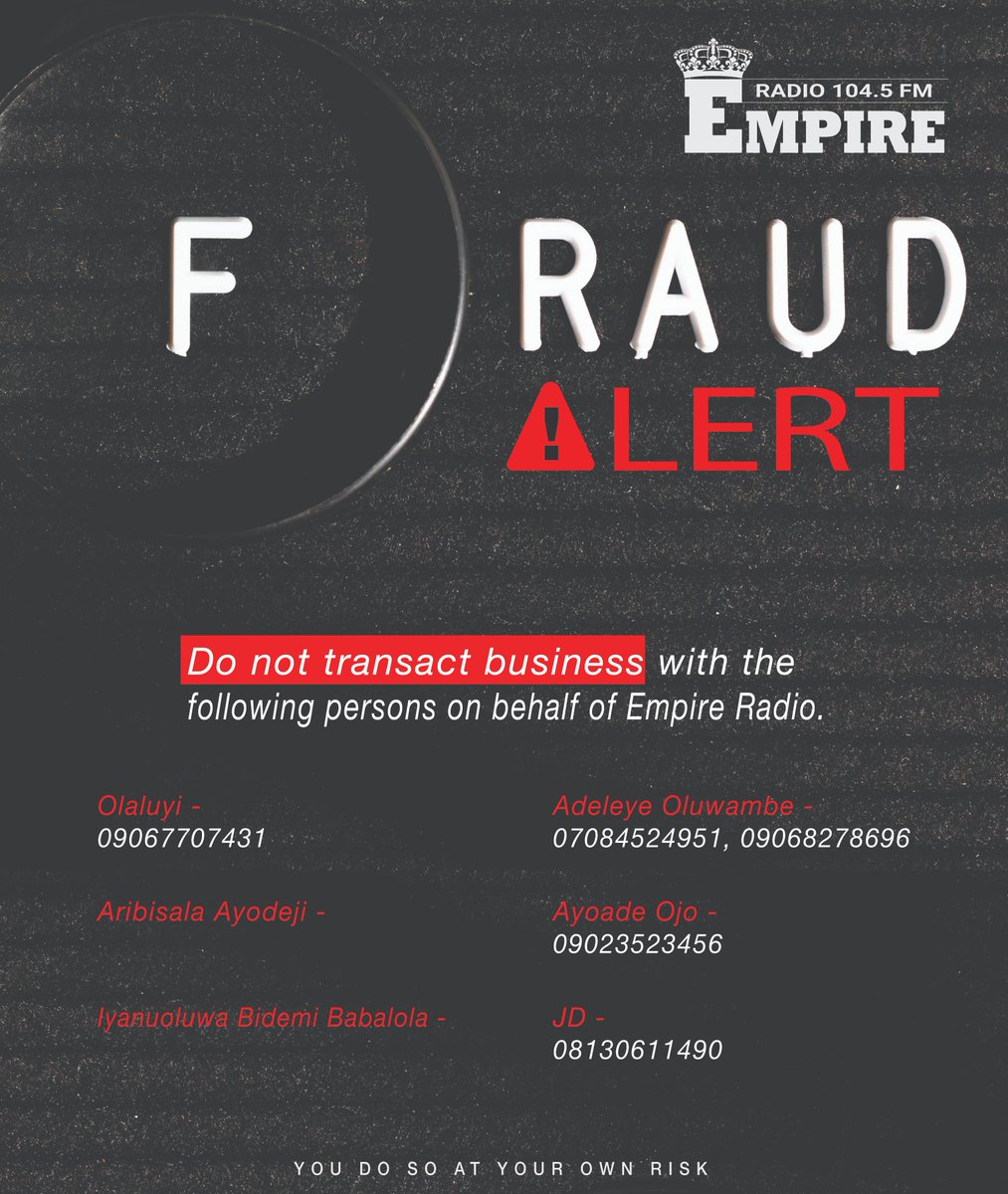 Empire Radio 104.5FM, Akure (@empireradio1045) on Twitter photo PLEASE LET US BE CAREFUL NOT TO TRANSACT BUSINESS WITH ANY OF THESE PEOPLE. THEY HAVE BEEN PARADING THEMSELVES AS EMPLOYEES OF
<a href="/EmpireRadio1045/">Empire Radio 104.5FM, Akure</a>, THEREBY DEFRAUDING INNOCENT PEOPLE WHO WANT TO PROMOTE THEIR SONGS ON EMPIRE RADIO 104.5FM.
PLEASE RT TO SAVE INNOCENT PEOPLE. PLEASE LET US BE CAREFUL NOT TO TRANSACT BUSINESS WITH ANY OF THESE PEOPLE. THEY HAVE BEEN PARADING THEMSELVES AS EMPLOYEES OF
<a href="/EmpireRadio1045/">Empire Radio 104.5FM, Akure</a>, THEREBY DEFRAUDING INNOCENT PEOPLE WHO WANT TO PROMOTE THEIR SONGS ON EMPIRE RADIO 104.5FM.
PLEASE RT TO SAVE INNOCENT PEOPLE.