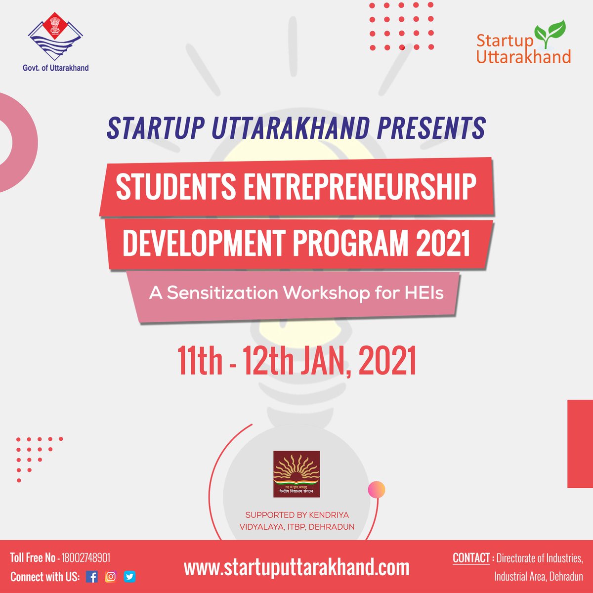 StartupCellUk's tweet photo. Startup Uttarakhand presents SEDP '21, a sensitization workshop for HEIs to make the young innovators aware of the startup ecosystem and train them to identify the problem and work on the innovative solutions which can be further translated towards solving the needs of society.💡 https://t.co/6Z3vM4FGup