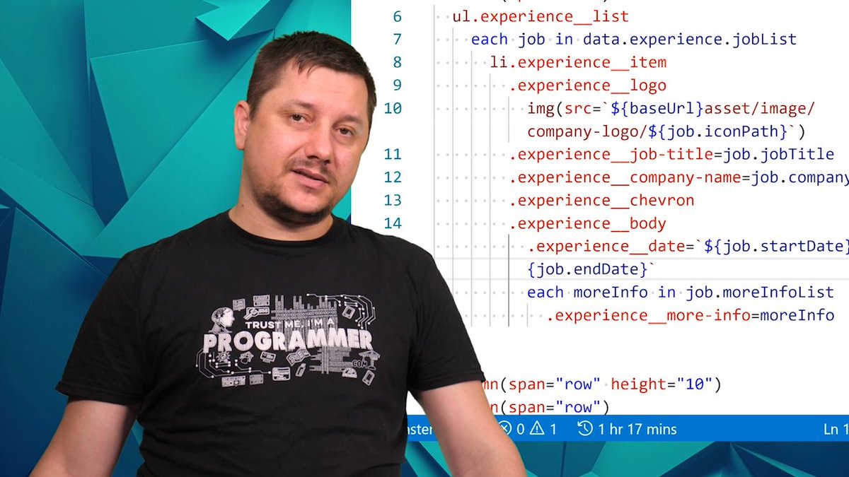 youtu.be/YgmSjgbq4HU
042 generate the HTML structure using PUG for the experience accordion 
Let’s create the pug structure to generate HTML out of the wireframe provided for us. We’ll loop through a two-level deep multidimensional array that we wrot..