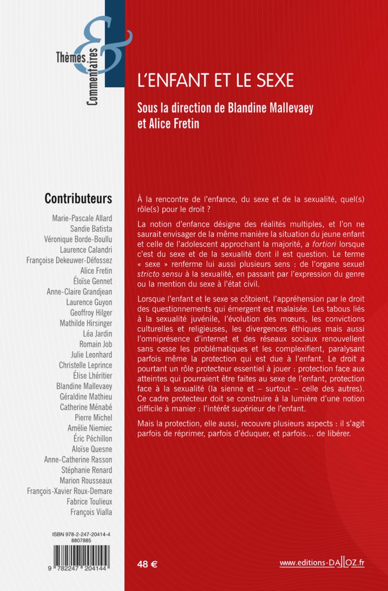 <a href="/alice_fretin/">Fretin Alice</a> et moi avons le plaisir de vous annoncer la publication de l'ouvrage "L'enfant et le sexe" aux éditions <a href="/Dalloz/">Editions Dalloz</a>, comprenant 25 contributions pour appréhender les problématiques liées à l'enfance, au sexe et à la sexualité, dont certaines tristement d'actualité.