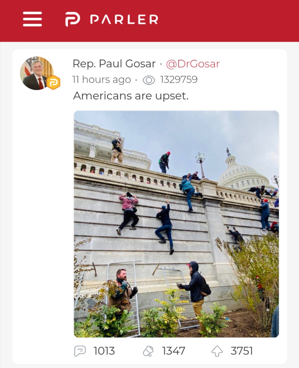 Screenshot of Parler post from Congressman Paul Gosar that reads: "Americans are upset."

It includes a photo of Trump supporters scaling the wall of the US Capitol.