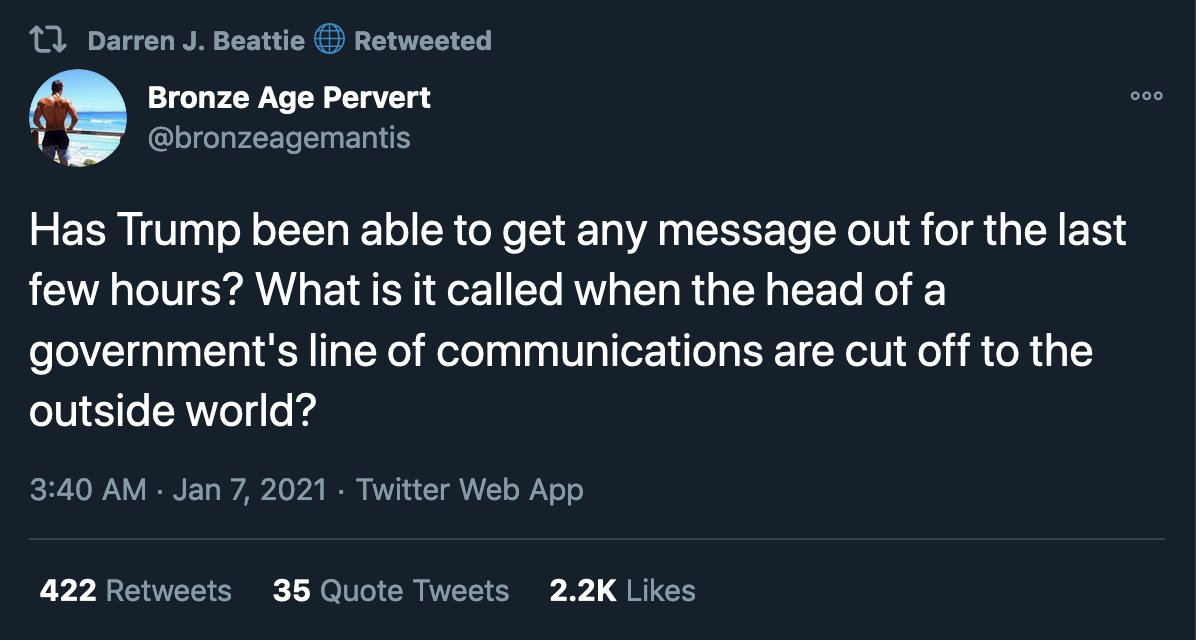Meanwhile, recent Trump appointee  @DarrenJBeattie continues to retweet Bronze Age Pervert's neo-fascist incitements, while channelling his followers to Parler, as he's "expecting a big twitter purge"