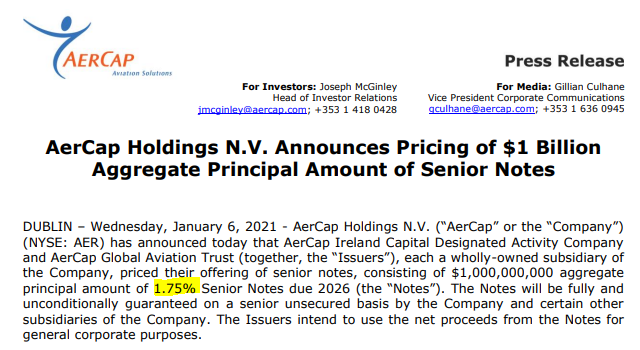 Hilo de opinión sobre AerCap  $AER - Ayer AerCap anunció la colocación de 1B$ en bonos senior para 2026 al 1.75%Para mí esto es una noticia muy buena para la compañíaAbro hilo 