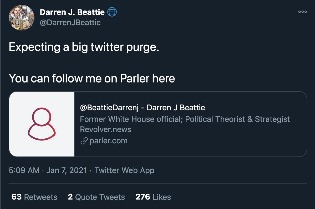 Meanwhile, recent Trump appointee  @DarrenJBeattie continues to retweet Bronze Age Pervert's neo-fascist incitements, while channelling his followers to Parler, as he's "expecting a big twitter purge"