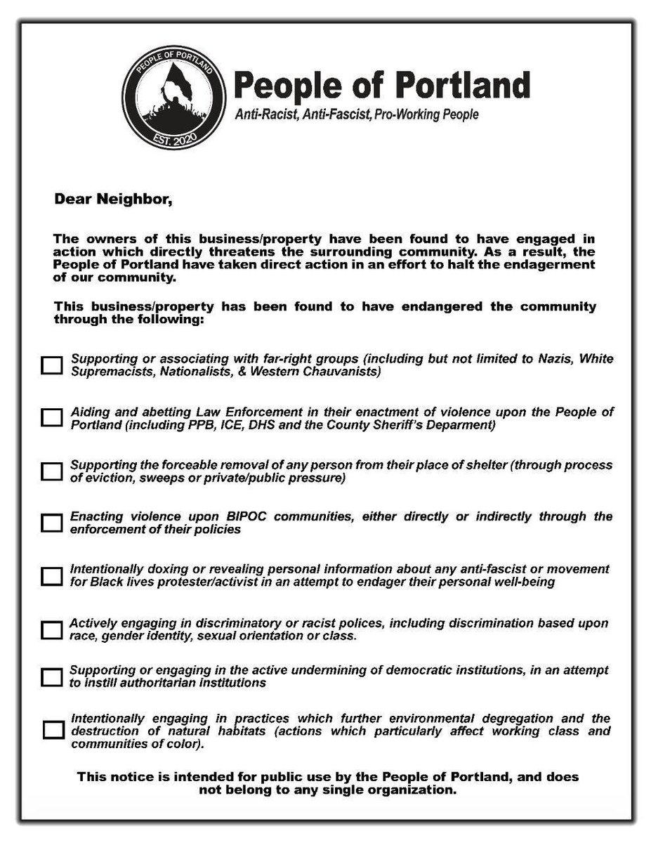 Antifa in Portland have created this notice explaining why they target a business or property for destruction. I have not seen these printed out yet but they are distributing it online in their encrypted chatrooms.