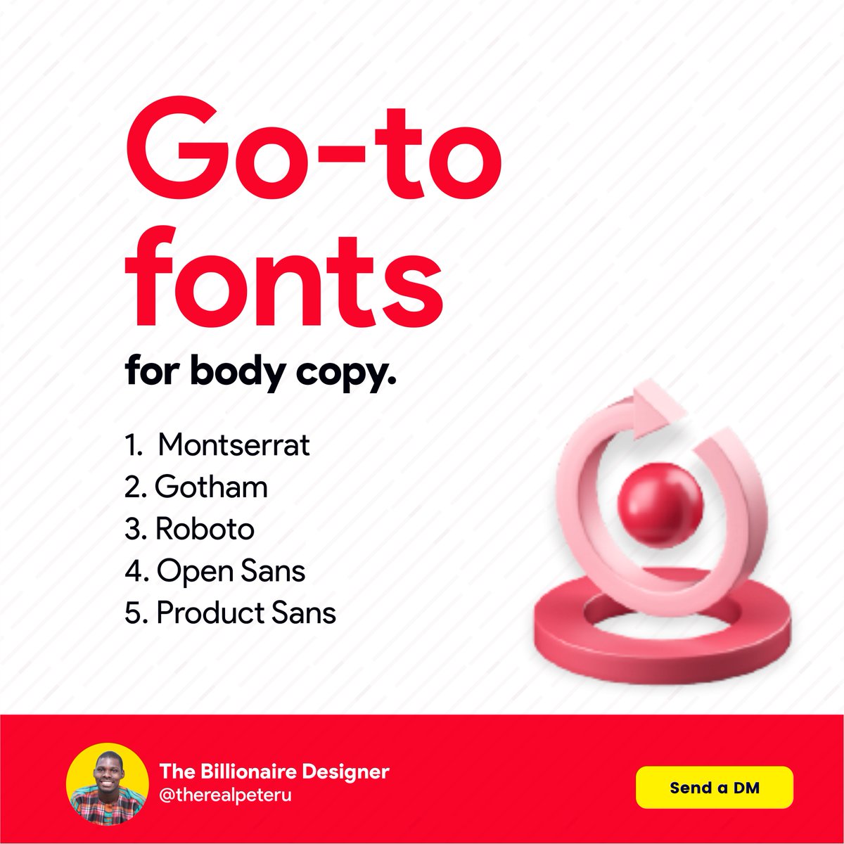 therealpeteru's tweet image. Typography can be pretty challenging for young designers especially the ones that have not developed a good eye for typography. Sometimes, you need to just try out some typefaces. Here are my go to fonts for body copy.
#fonts #bodycopy #bodytext #typography #youngdesigners