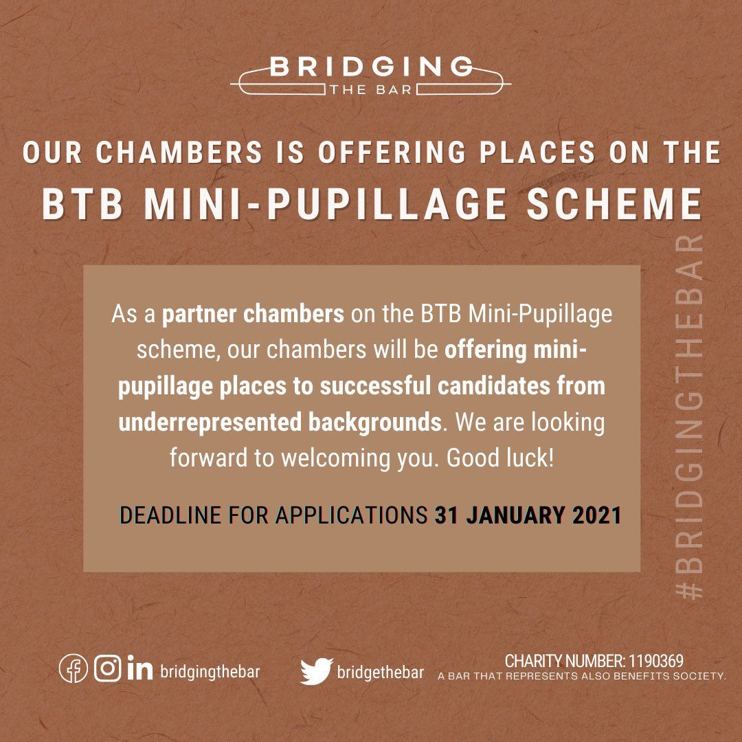 Hardwicke is delighted to be offering places on the <a href="/BridgeTheBar/">Bridging the Bar</a> #MiniPupillage Scheme. Applications close on 31st January 2021. Click here to apply: buff.ly/2Wu89AF