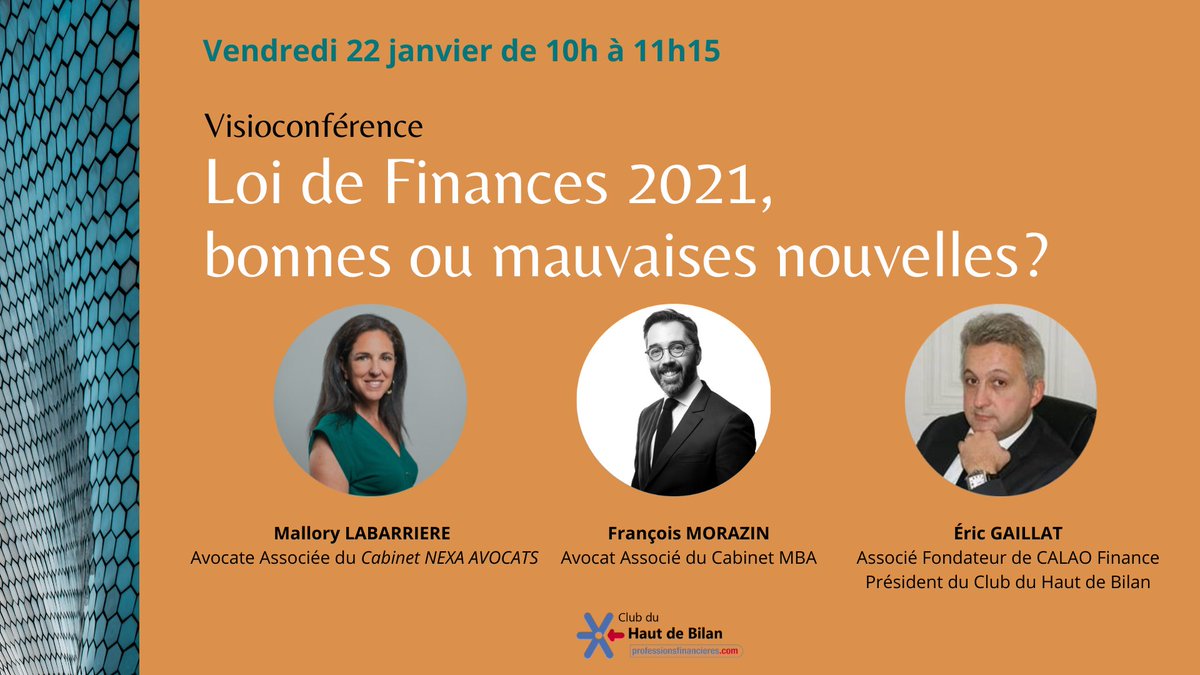 Loi de #Finances 2021 : bonnes ou mauvaises nouvelles ?

Venez nous rejoindre vendredi 22 janvier à 10h pour une visioconférence en #direct sur la chaîne #Youtube du Centre avec <a href="/MalloLabarriere/">Mallory Labarriere</a>, François MORAZIN et <a href="/EricGaillat/">Eric Gaillat</a>.

Inscriptions gratuites ▶️ bit.ly/2LaAYQf