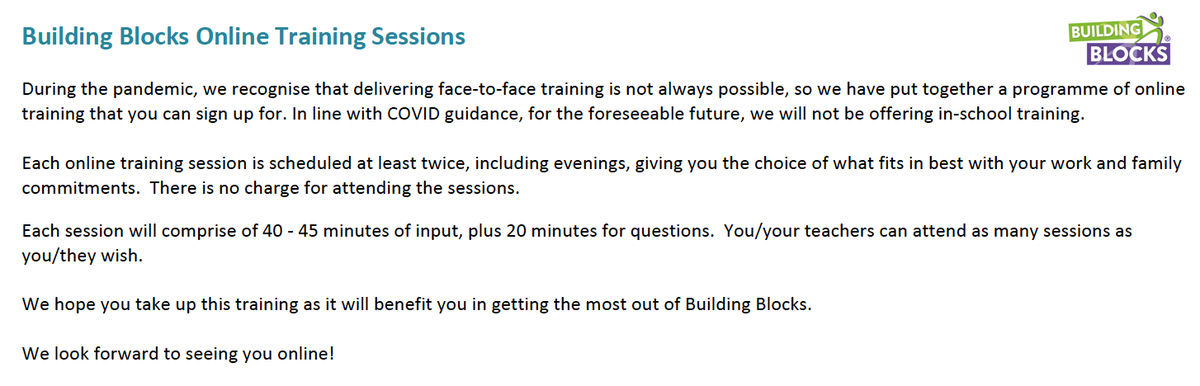 BBlocksEdu's tweet photo. We have provided a schedule to all #BuildingBlocks #Schools free support and training on - Admin - Planning - Challenges/Resources ideal for #BlendedLearning - Monitoring, Coverage - Reports progress for class, group individual - Reports, creating end of year reports https://t.co/gHvixJsYSC