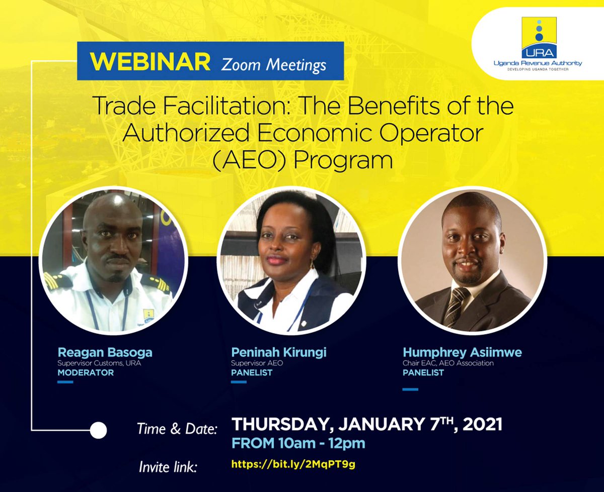 URAuganda's tweet photo. Underway!
A duo of experts - URA's Peninah Kirungi, Supervisor AEO and Humprey Asiimwe, Chairperson EAC AEOs are hosted by URA TV's Reagan Basoga, Supervisor Customs in a #URATaxEducation webinar unpacking the Authorized Economic Operator (AEO) program.
#ThreadAlert 
#Customs101 https://t.co/CNeRPkhigG