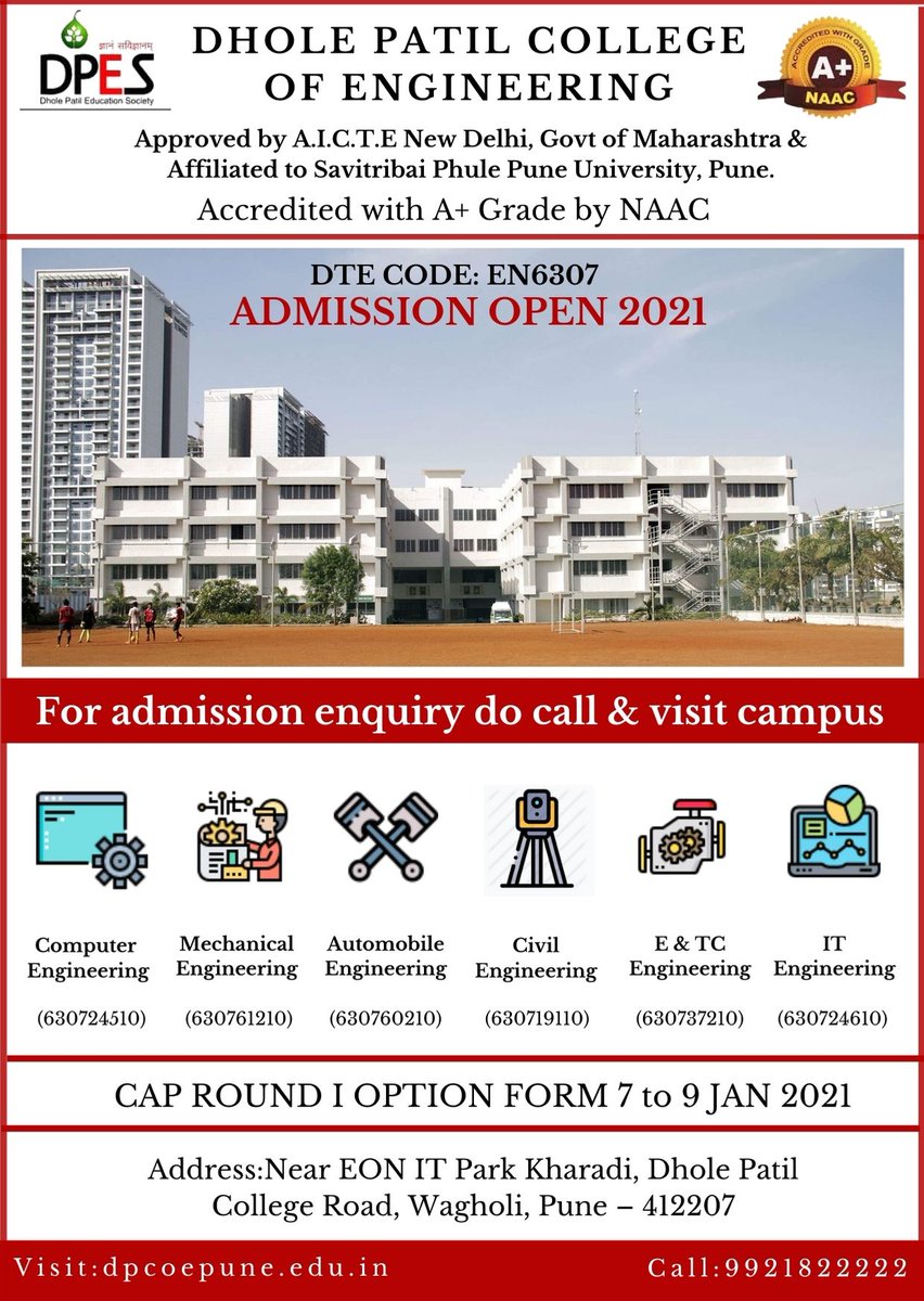 dpcoepune's tweet photo. Dhole Patil College of Engineering (DPCOE) is a premier engineering and Management College in Pune, Maharashtra, India, and is among the top Engineering Colleges in Pune. ADMISSION OPEN FOR 2021. 
For more info, visit: https://t.co/ipR4TKuPxI
Contact: 099218 22222 / 9665398959 https://t.co/K3y6DAFAM2