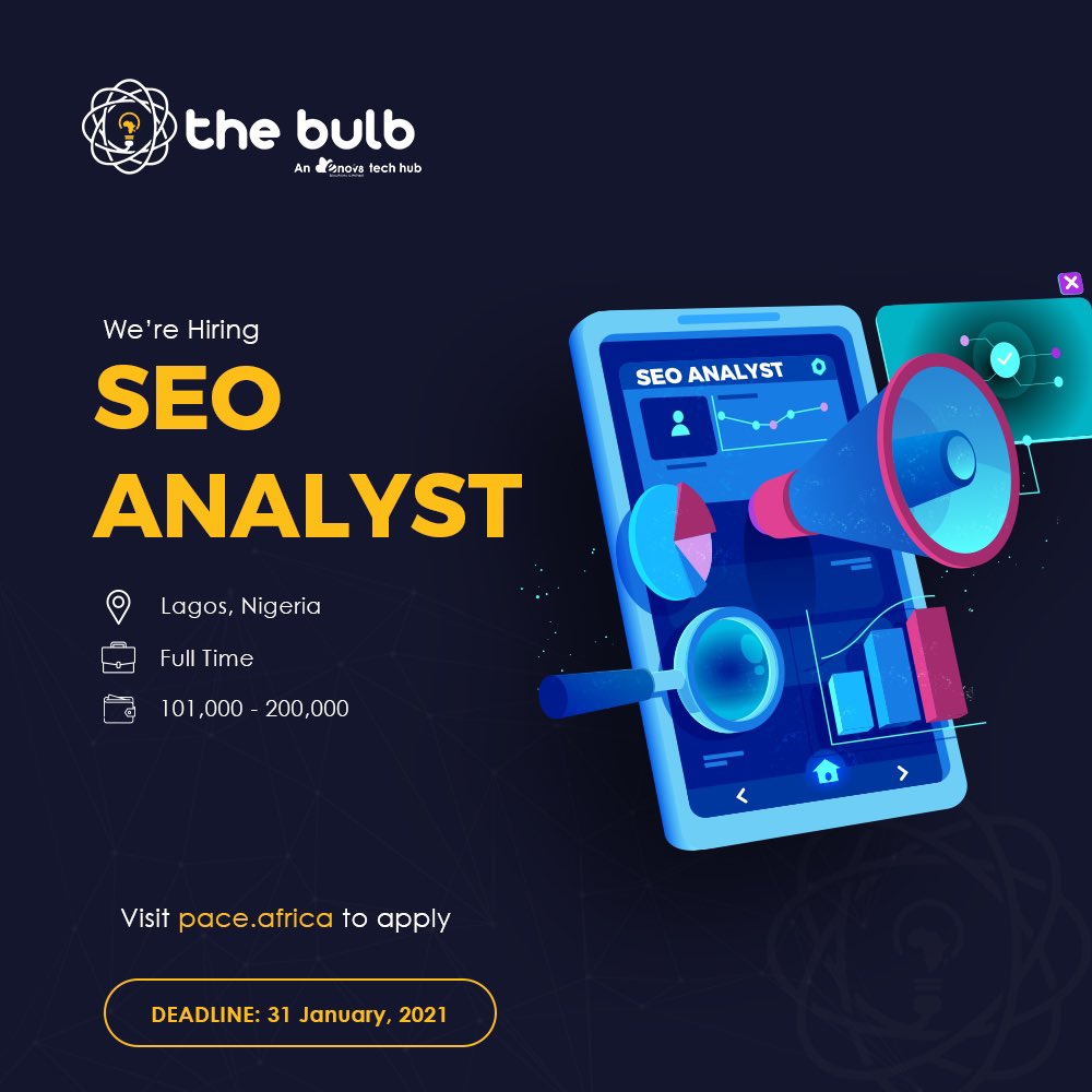 pace_africa's tweet photo. The Bulb Africa is looking to hire an SEO analyst. 

It is a great opportunity and interested parties should apply! 

Application link in bio https://t.co/1lbpJ51aML