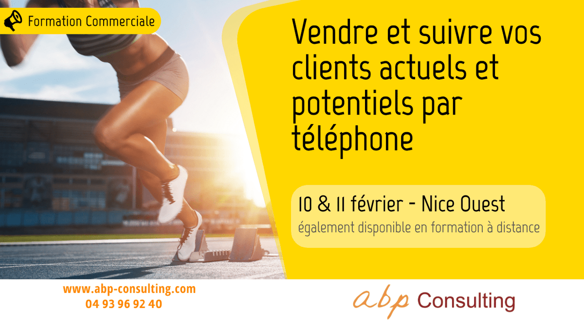 ABP_Consulting's tweet photo. 📌 Formation "Vendre et suivre vos clients actuels et potentiels par téléphone"
📅 10-11 février à #Nice06 ou à #distance
➡️ Programme et inscription :  https://t.co/No8eioR5ao
#commercial #vente #venteadistance #relationclient https://t.co/xLo2JAj9lP