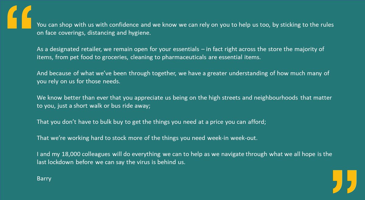 GardenSquareSC's tweet photo. Just like the previous lockdown, @Poundland are ready to step up & serve the community during this turbulent time. ❤️
Here’s a message from the MD Barry Williams...
#Poundland #Letchworth #Lockdown3 #EssentialStores #StaySafe https://t.co/RzwUwR1at8