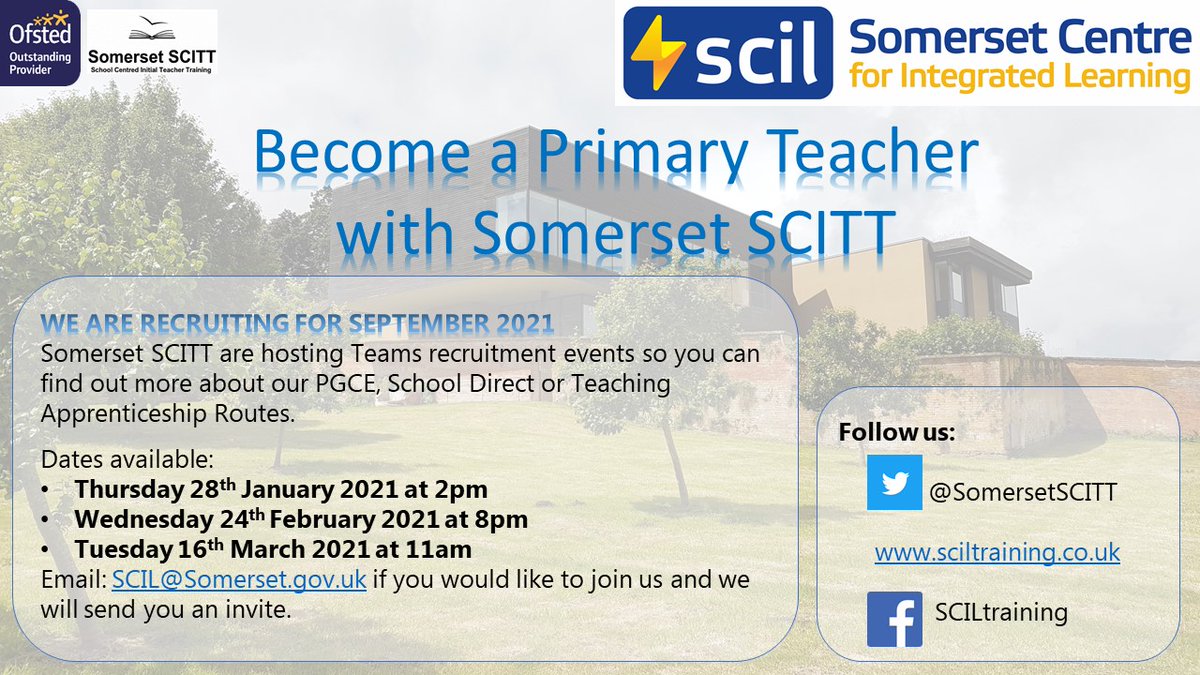 Want to be a primary school teacher?
Virtual information events over the spring term.
Recruiting for School Direct, PGCE and PGTA for September 2021
Contact scil@somerset.gov.uk for more information