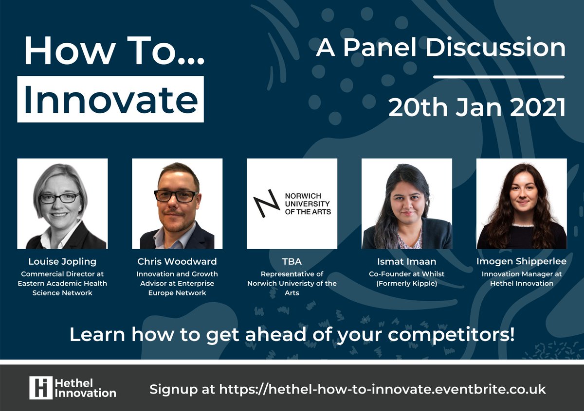 HIL_Updates's tweet photo. 💡How to: Innovate
🗓️Jan 20th
⏰11am - 12:30pm

Louse Jopling - @EasternAHSN
 Chris Woodward - @EEN_EU
 TBA - @NorwichUniArts
 Ismat Imaan - @kippleUK
 Imogen Shipperlee - Hethel Innovation

To learn more about the event and to grab your space, visit:
https://t.co/I7DrZWds0Z https://t.co/A29tn1cD3u