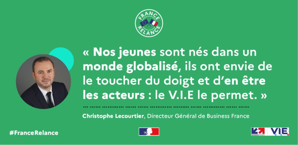 businessfrance's tweet photo. Le #VIE est un outil #RH gagnant-gagnant. Pour rebondir après la crise sanitaire, le @gouvernementFR renforce son soutien au dispositif avec 3000 chèques de 5000€ pour accompagner les entreprises qui envoient un jeune à l’étranger.

Pour en savoir plus 👉 https://t.co/w9RHpY6hYi https://t.co/kcZk46Trhy