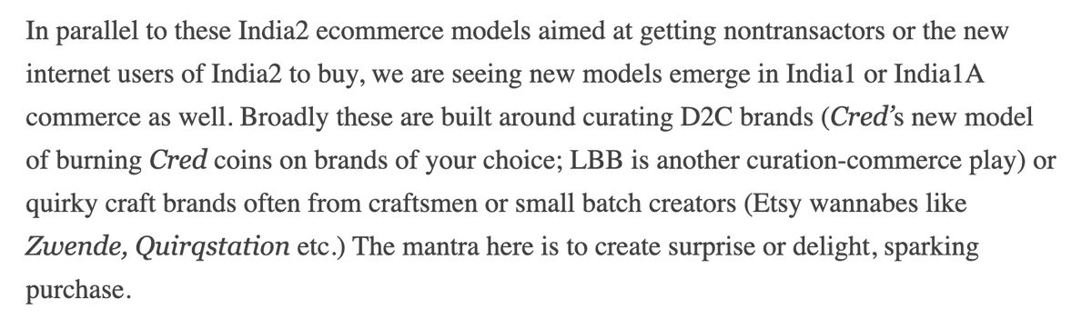 Meanwhile we are seeing curation + discovery led shopping to get India1 to buy D2C brands. Innovators here include  @CRED_club  @FromLBB etc.18/25